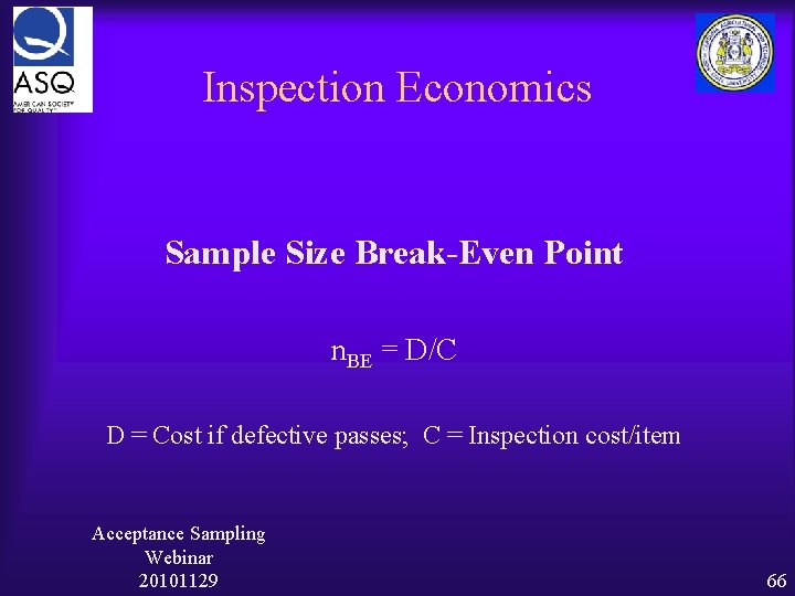 Inspection Economics Sample Size Break-Even Point n. BE = D/C D = Cost if