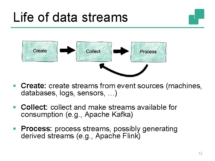 Life of data streams § Create: create streams from event sources (machines, databases, logs,