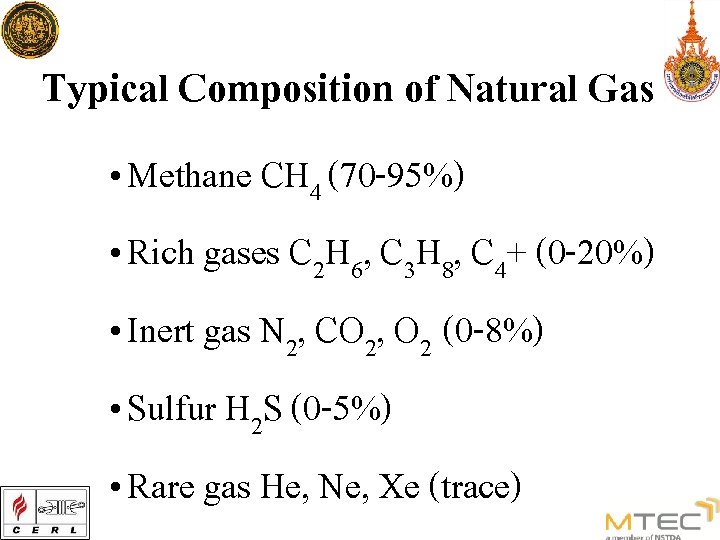 Typical Composition of Natural Gas • Methane CH 4 (70 -95%) • Rich gases