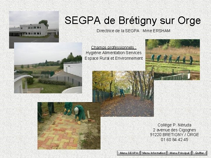 SEGPA de Brétigny sur Orge Directrice de la SEGPA : Mme ERSHAM Champs professionnels