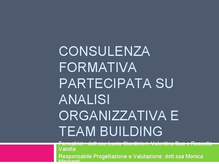 CONSULENZA FORMATIVA PARTECIPATA SU ANALISI ORGANIZZATIVA E TEAM BUILDING Formatrici : dott. sse Lucia