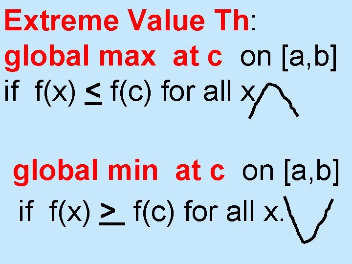 Extreme Value Th: global max at c on [a, b] if f(x) < f(c)
