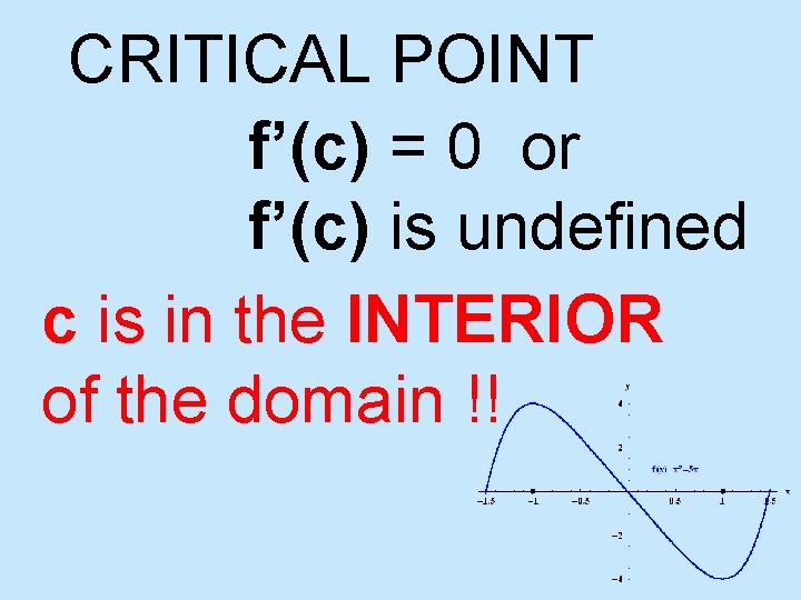 CRITICAL POINT f’(c) = 0 or f’(c) is undefined c is in the INTERIOR