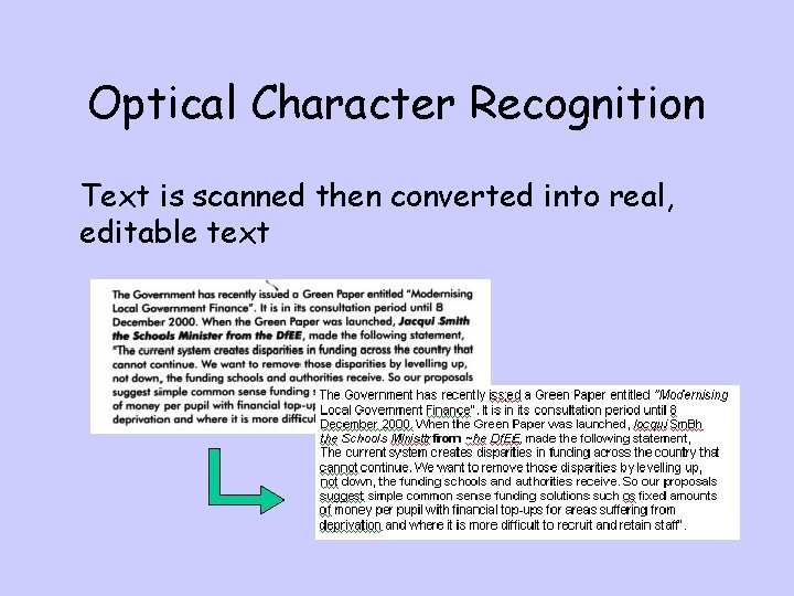 Optical Character Recognition Text is scanned then converted into real, editable text 