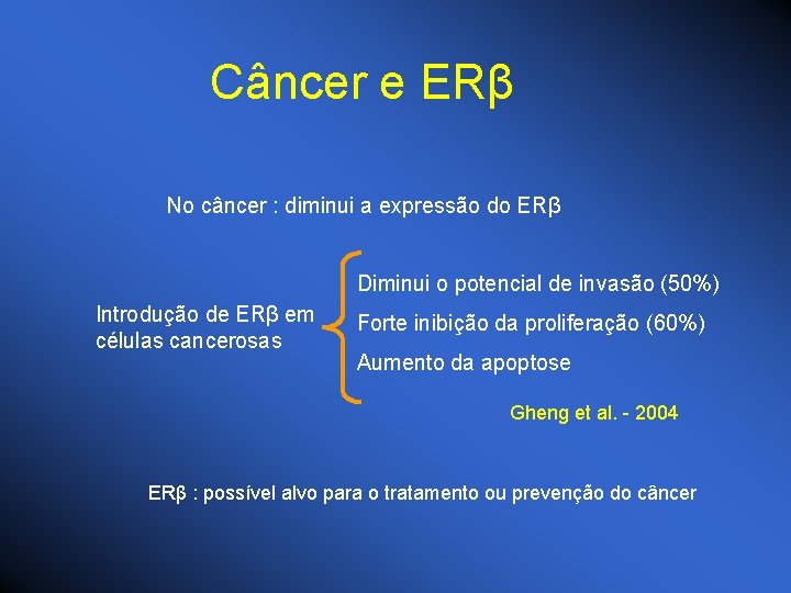 Câncer e ERβ No câncer : diminui a expressão do ERβ Diminui o potencial