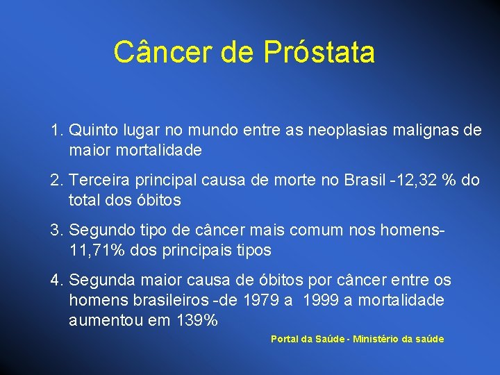 Câncer de Próstata 1. Quinto lugar no mundo entre as neoplasias malignas de maior
