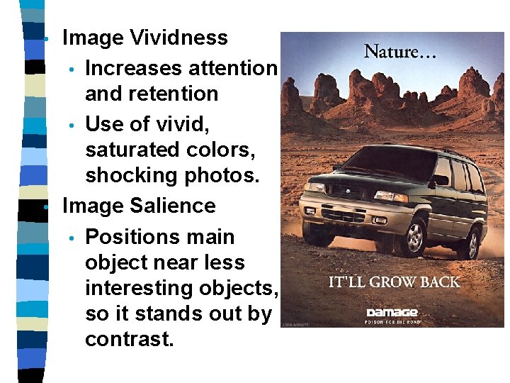 Image Vividness • Increases attention and retention • Use of vivid, saturated colors, shocking Image Vividness • Increases attention and retention • Use of vivid, saturated colors, shocking