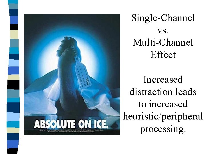 Single-Channel vs. Multi-Channel Effect Increased distraction leads to increased heuristic/peripheral processing. Single-Channel vs. Multi-Channel Effect Increased distraction leads to increased heuristic/peripheral processing.