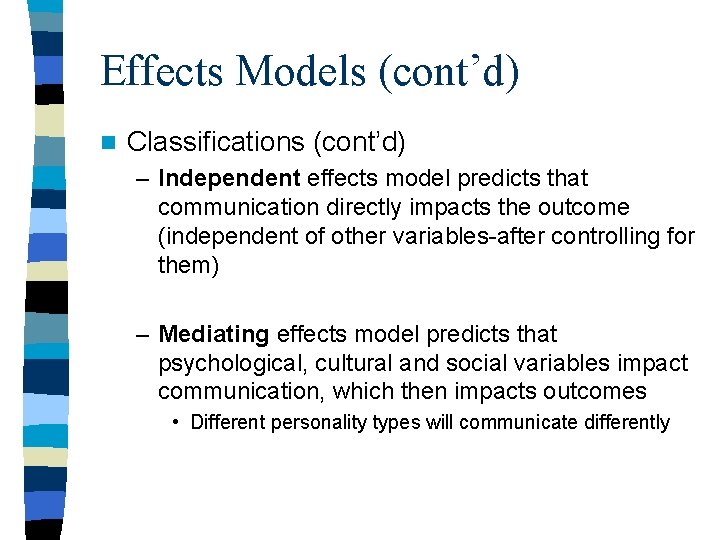 Effects Models (cont’d) n Classifications (cont’d) – Independent effects model predicts that communication directly Effects Models (cont’d) n Classifications (cont’d) – Independent effects model predicts that communication directly