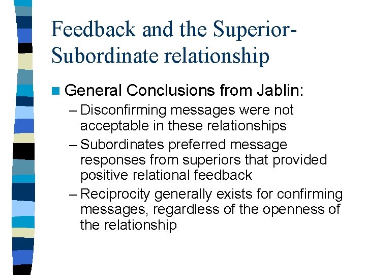 Feedback and the Superior. Subordinate relationship n General Conclusions from Jablin: – Disconfirming messages Feedback and the Superior. Subordinate relationship n General Conclusions from Jablin: – Disconfirming messages