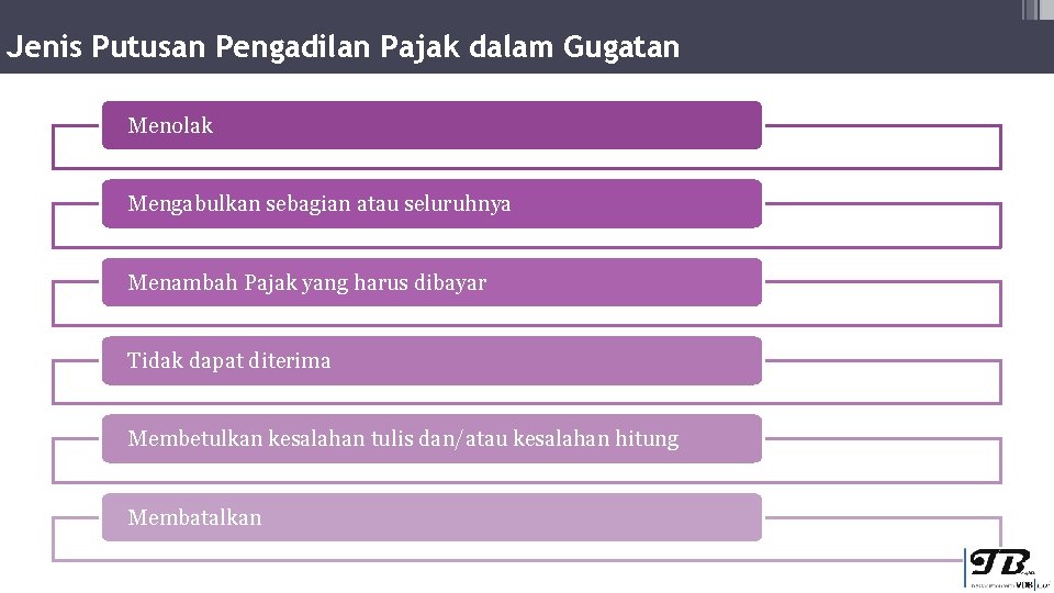 Jenis Putusan Pengadilan Pajak dalam Gugatan Menolak Mengabulkan sebagian atau seluruhnya Menambah Pajak yang