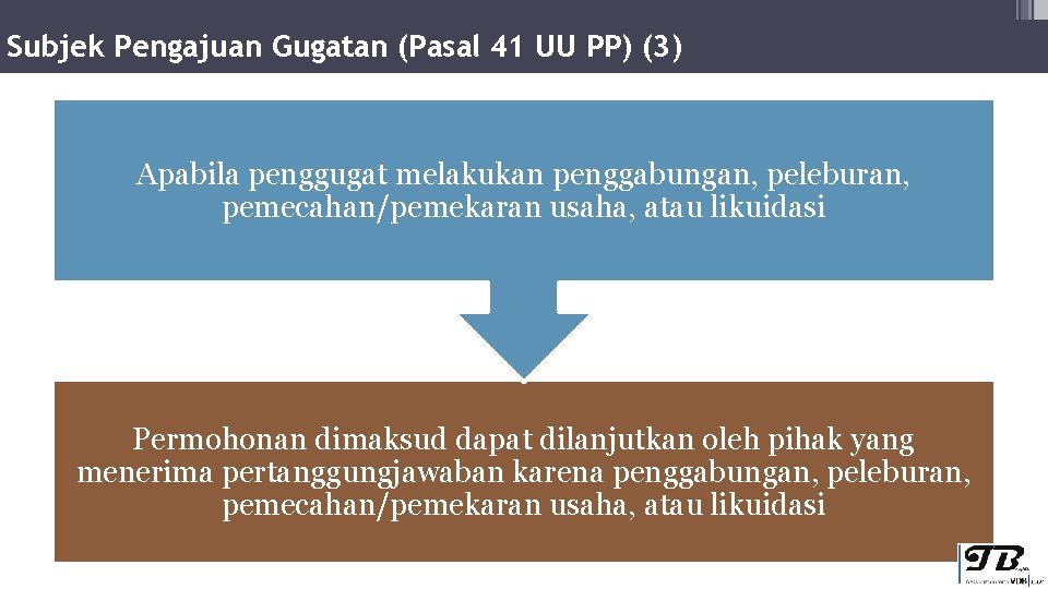 Subjek Pengajuan Gugatan (Pasal 41 UU PP) (3) Apabila penggugat melakukan penggabungan, peleburan, pemecahan/pemekaran