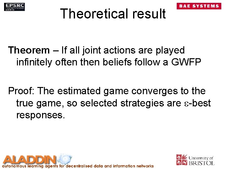 Theoretical result Theorem – If all joint actions are played infinitely often then beliefs