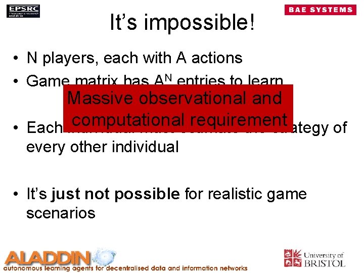 It’s impossible! • N players, each with A actions • Game matrix has AN