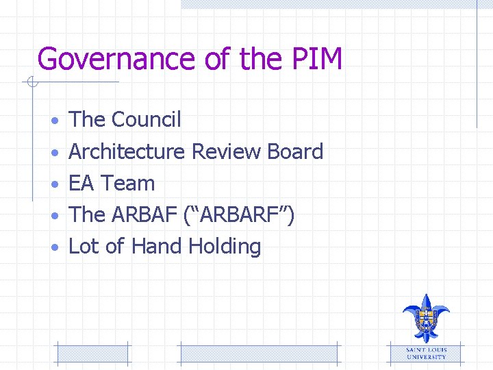 Governance of the PIM • The Council • Architecture Review Board • EA Team