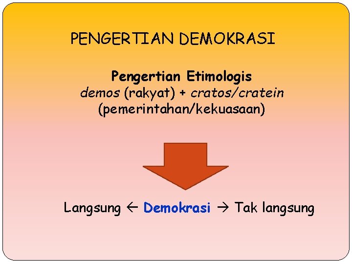 PENGERTIAN DEMOKRASI Pengertian Etimologis demos (rakyat) + cratos/cratein (pemerintahan/kekuasaan) Langsung Demokrasi Tak langsung PENGERTIAN DEMOKRASI Pengertian Etimologis demos (rakyat) + cratos/cratein (pemerintahan/kekuasaan) Langsung Demokrasi Tak langsung