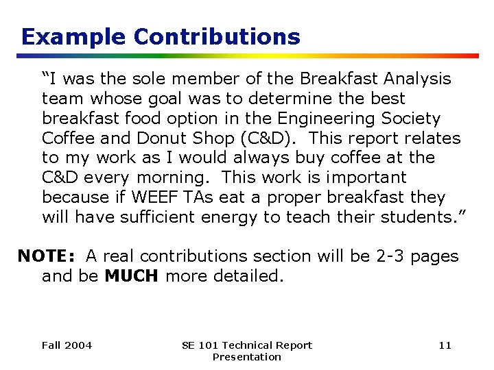 Example Contributions “I was the sole member of the Breakfast Analysis team whose goal