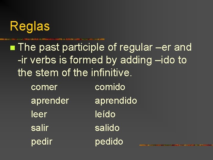Reglas n The past participle of regular –er and -ir verbs is formed by