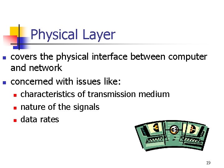 Physical Layer n n covers the physical interface between computer and network concerned with