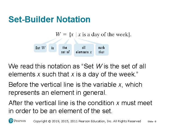 Set-Builder Notation We read this notation as “Set W is the set of all