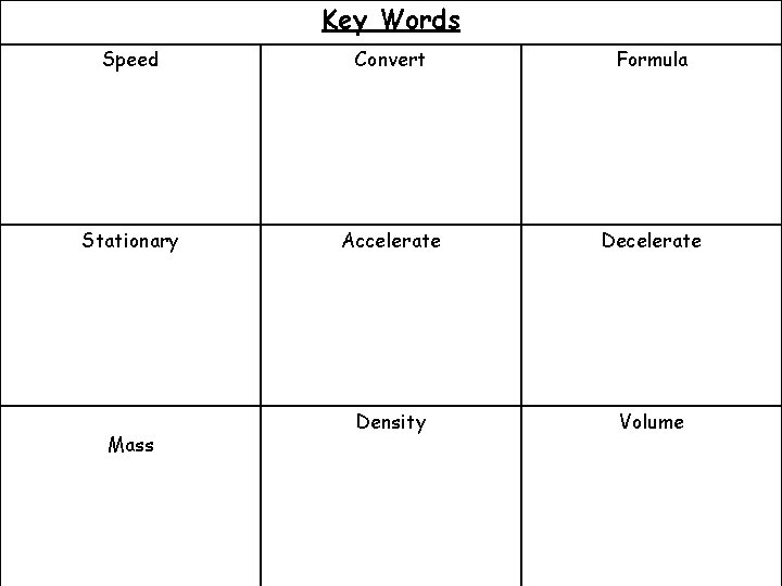 Key Words Speed Convert Formula Stationary Accelerate Density Volume Mass 