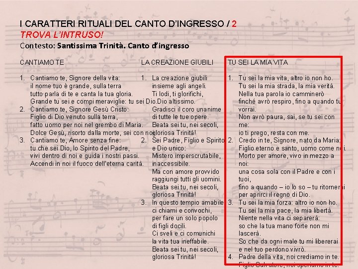 I CARATTERI RITUALI DEL CANTO D’INGRESSO / 2 TROVA L’INTRUSO! Contesto: Santissima Trinità. Canto