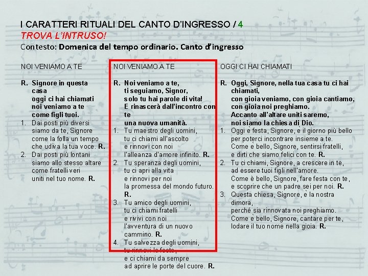 I CARATTERI RITUALI DEL CANTO D’INGRESSO / 4 TROVA L’INTRUSO! Contesto: Domenica del tempo