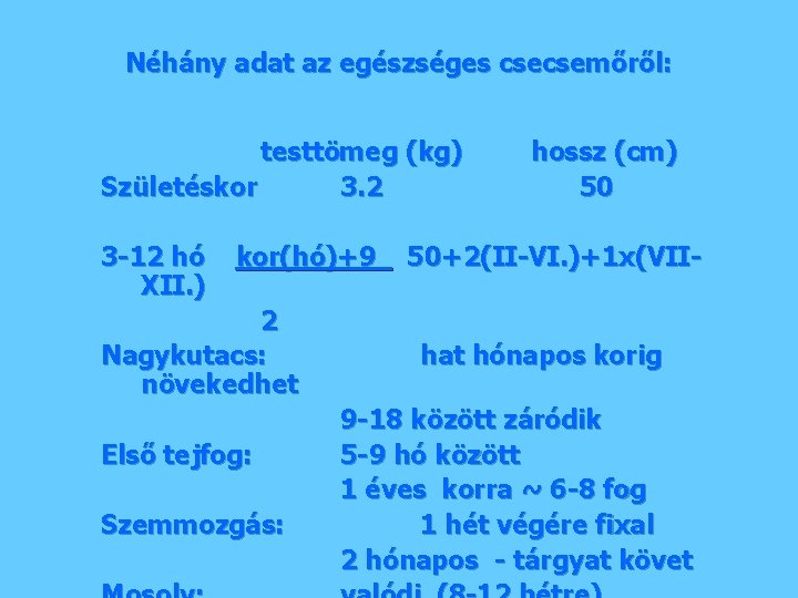 Néhány adat az egészséges csecsemőről: testtömeg (kg) Születéskor 3. 2 3 -12 hó XII.