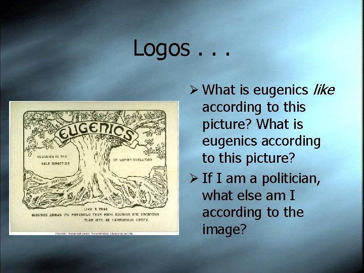Logos. . . Ø What is eugenics like according to this picture? What is