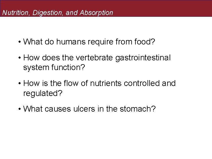 Nutrition, Digestion, and Absorption • What do humans require from food? • How does