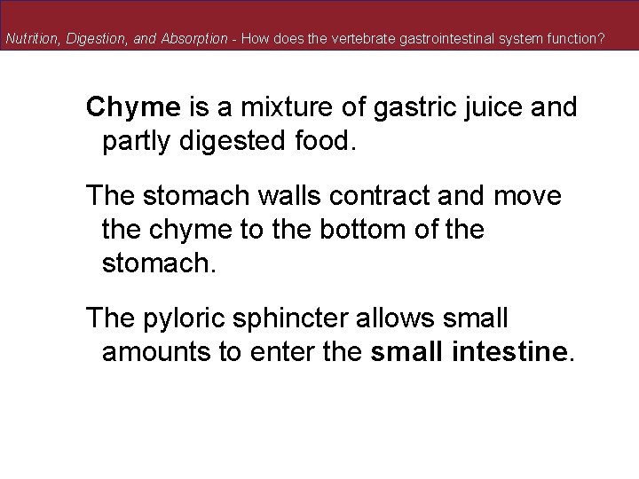 Nutrition, Digestion, and Absorption - How does the vertebrate gastrointestinal system function? Chyme is