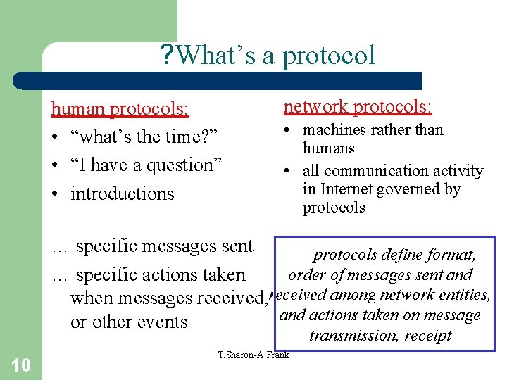 ? What’s a protocol human protocols: • “what’s the time? ” • “I have