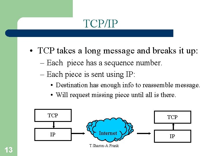 TCP/IP • TCP takes a long message and breaks it up: – Each piece