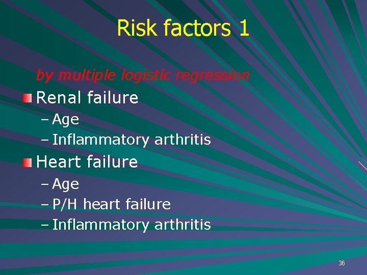 Risk factors 1 by multiple logistic regression Renal failure – Age – Inflammatory arthritis