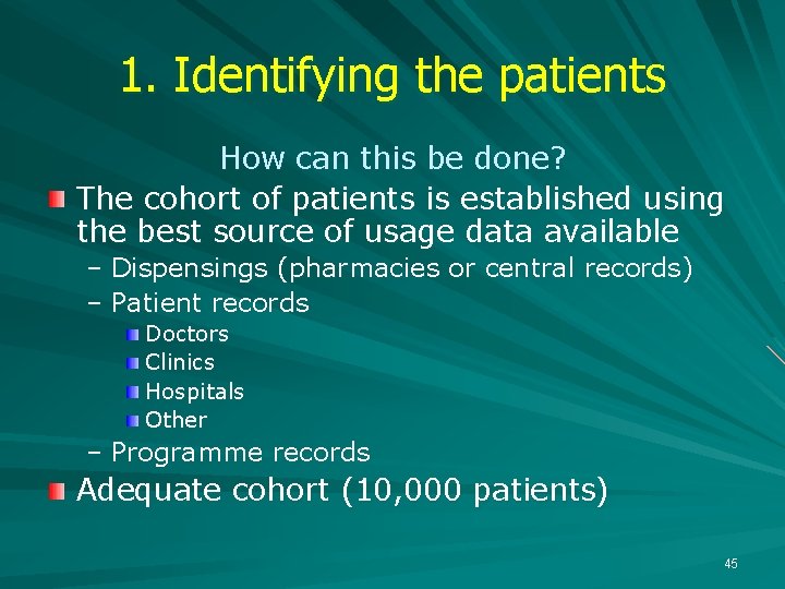 1. Identifying the patients How can this be done? The cohort of patients is