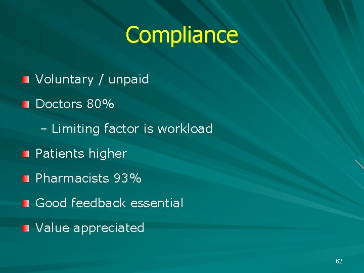 Compliance Voluntary / unpaid Doctors 80% – Limiting factor is workload Patients higher Pharmacists