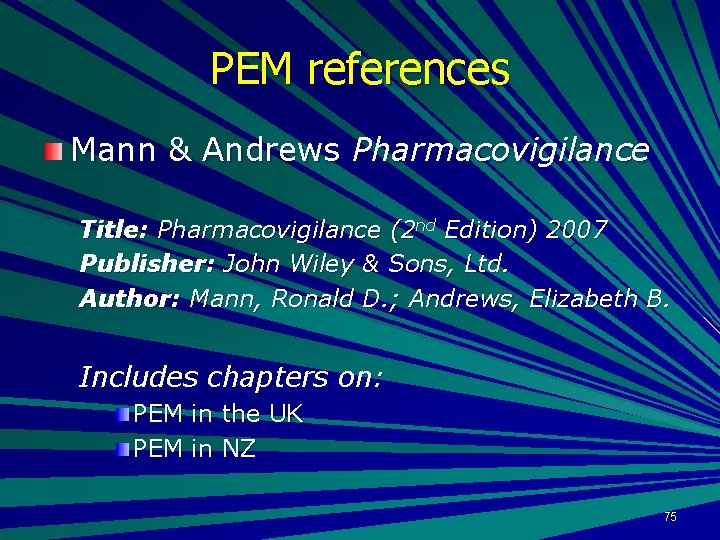 PEM references Mann & Andrews Pharmacovigilance Title: Pharmacovigilance (2 nd Edition) 2007 Publisher: John