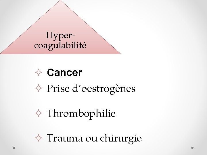 Hypercoagulabilité ² Cancer ² Prise d’oestrogènes ² Thrombophilie ² Trauma ou chirurgie 