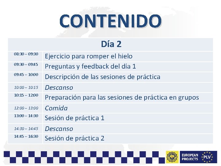 CONTENIDO Día 2 08: 30 – 09: 45 – 10: 00 – 10: 15