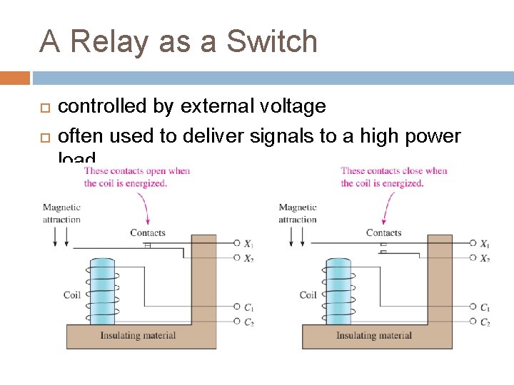A Relay as a Switch controlled by external voltage often used to deliver signals