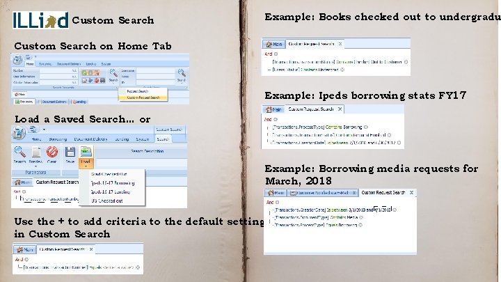 Custom Search: Example: Books checked out to undergradu Custom Search on Home Tab Example: