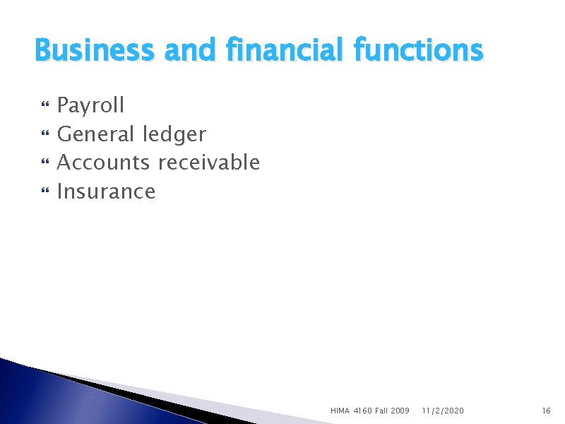 Business and financial functions Payroll General ledger Accounts receivable Insurance HIMA 4160 Fall 2009