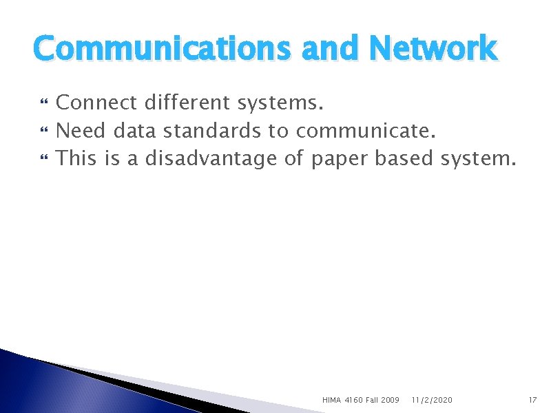 Communications and Network Connect different systems. Need data standards to communicate. This is a