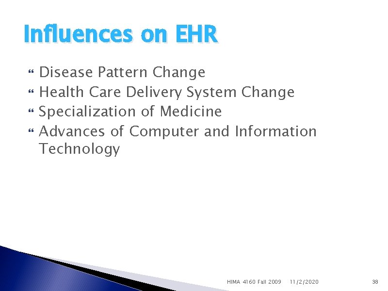 Influences on EHR Disease Pattern Change Health Care Delivery System Change Specialization of Medicine