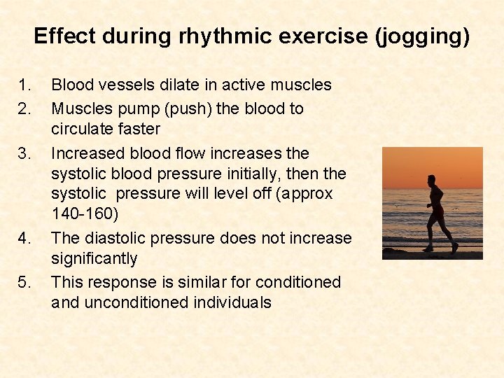 Effect during rhythmic exercise (jogging) 1. 2. 3. 4. 5. Blood vessels dilate in