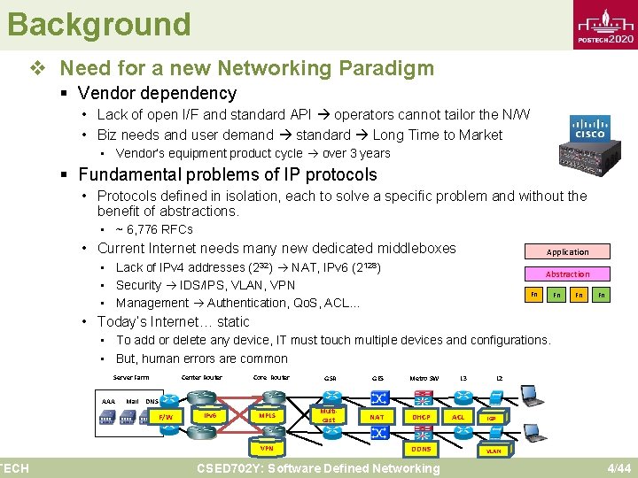 Background v Need for a new Networking Paradigm TECH § Vendor dependency • Lack