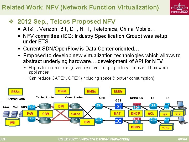 Related Work: NFV (Network Function Virtualization) v 2012 Sep. , Telcos Proposed NFV §