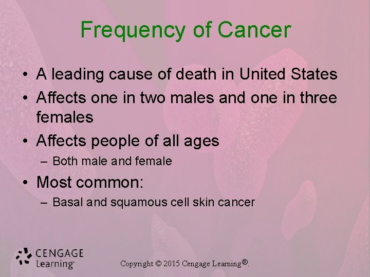 Frequency of Cancer • A leading cause of death in United States • Affects