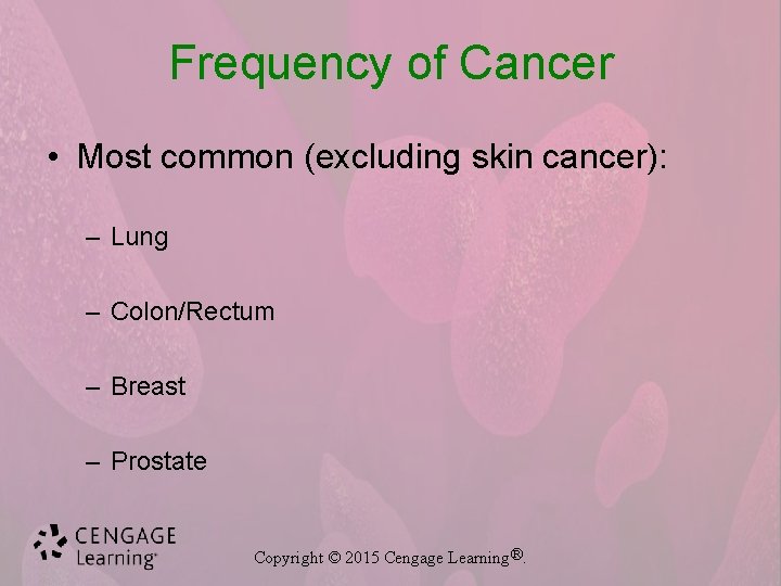 Frequency of Cancer • Most common (excluding skin cancer): – Lung – Colon/Rectum –