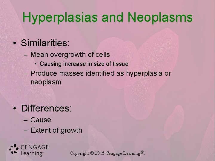 Hyperplasias and Neoplasms • Similarities: – Mean overgrowth of cells • Causing increase in